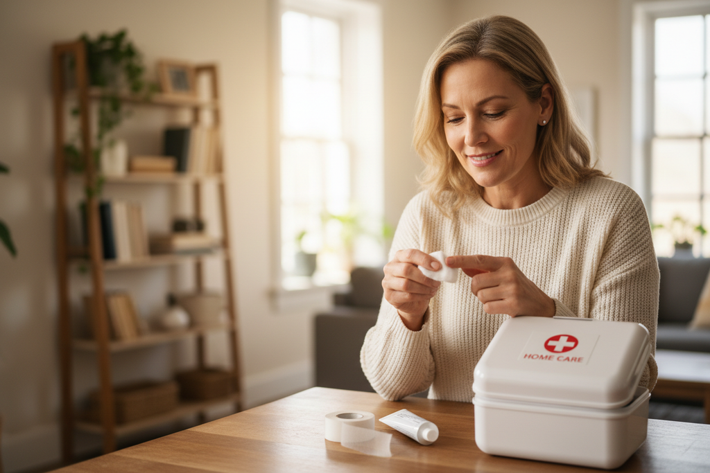Woman using Personal First Aid Kit at home — lifestyle shot