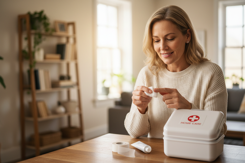 Woman using Personal First Aid Kit at home — lifestyle shot