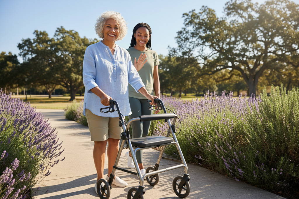 Senior woman using folding rollator walker outdoors with caregiver nearby