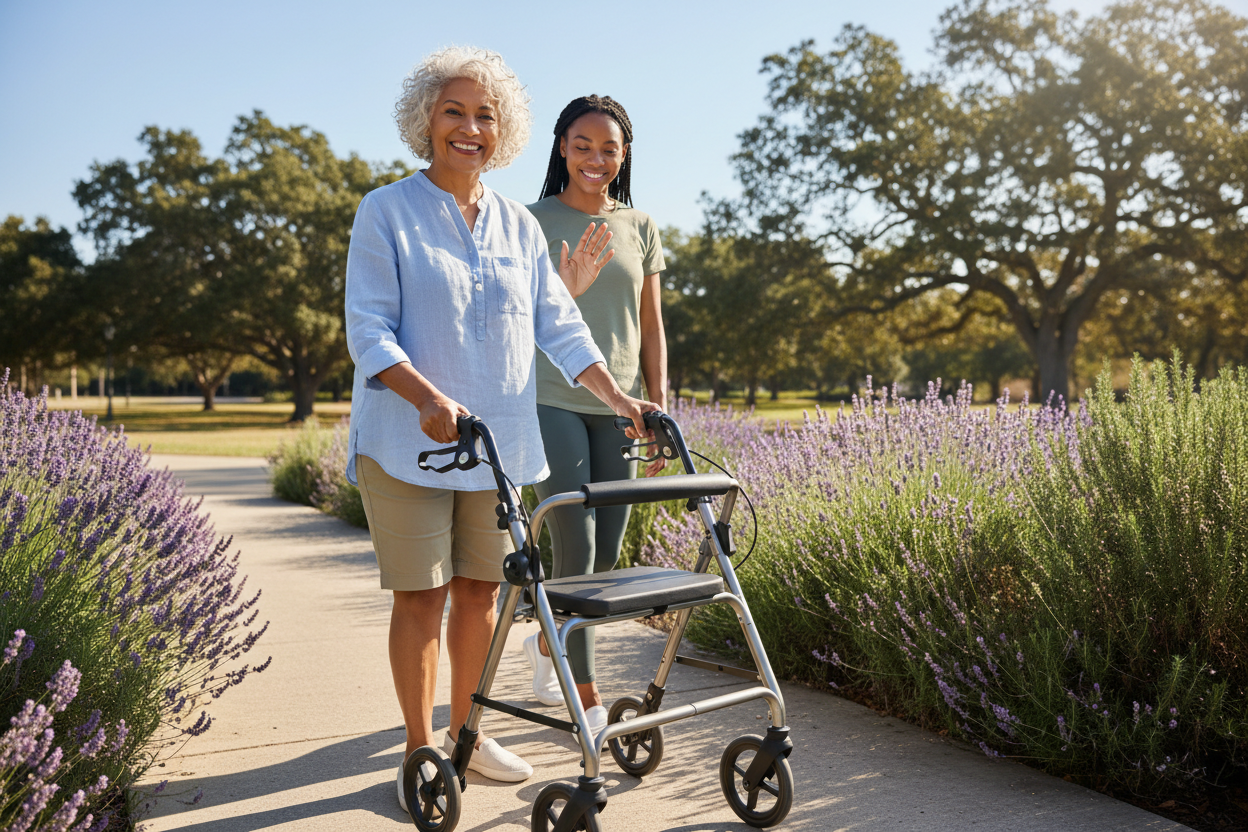 Senior woman using folding rollator walker outdoors with caregiver nearby