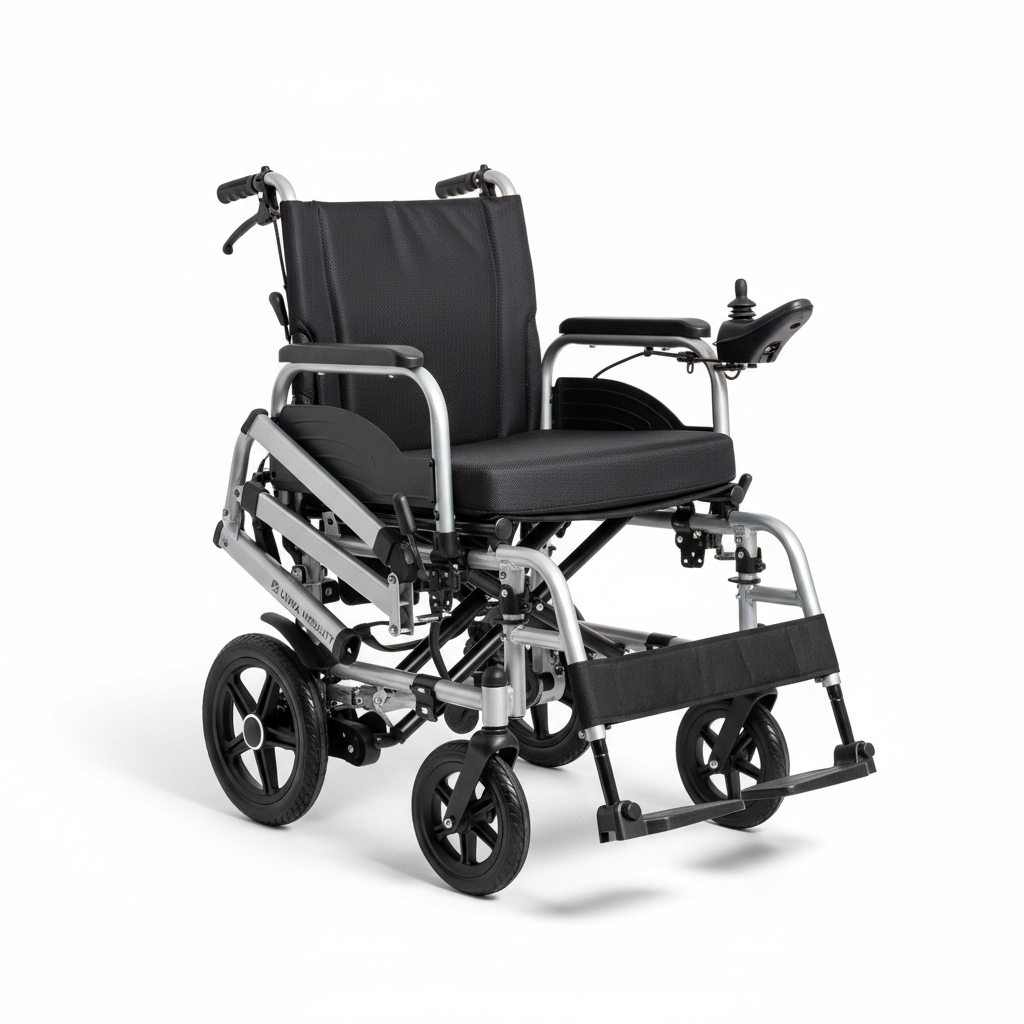 Lightweight foldable electric power wheelchair on white background