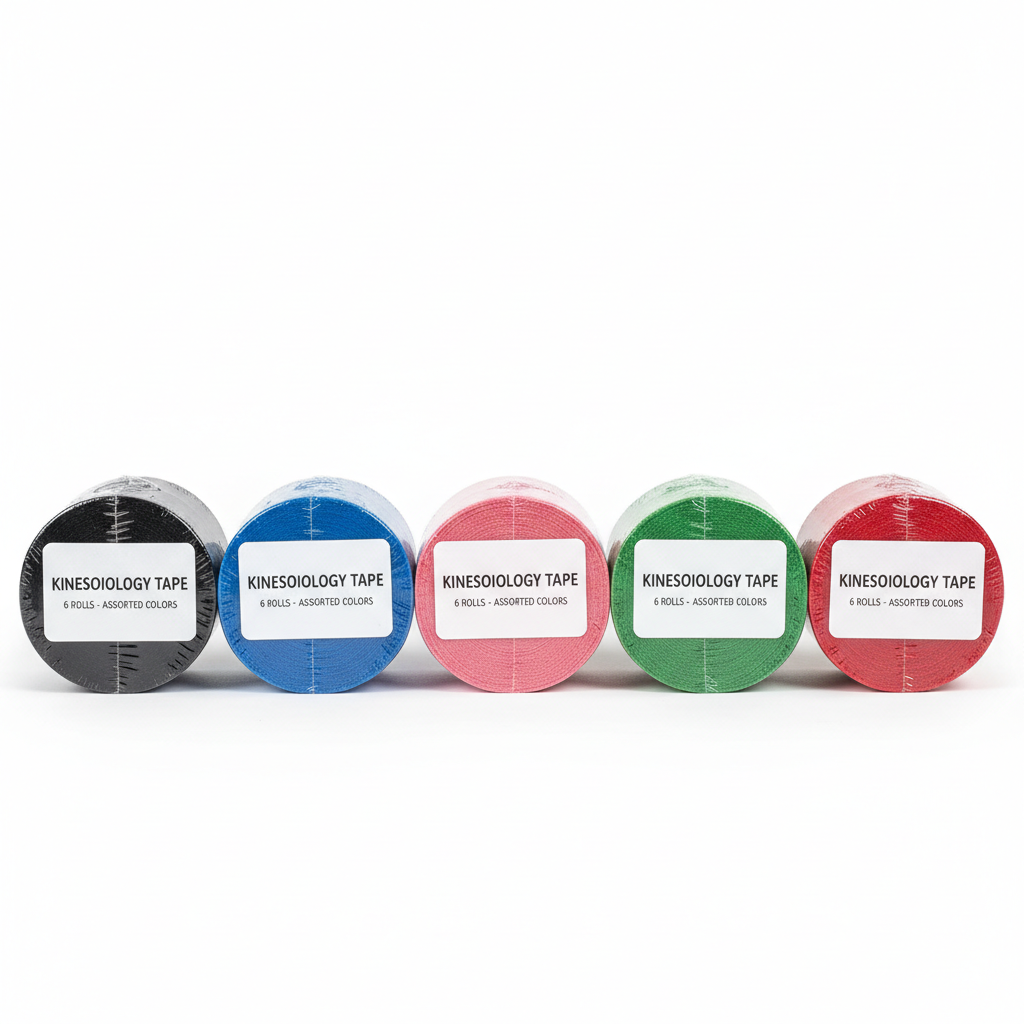 Pack of 6 kinesiology tape rolls in assorted colors on white background