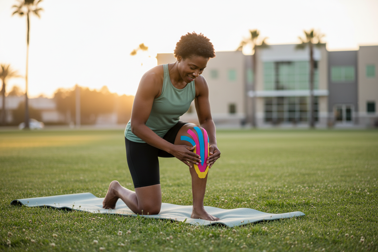 Active adult applying kinesiology tape to knee during recovery