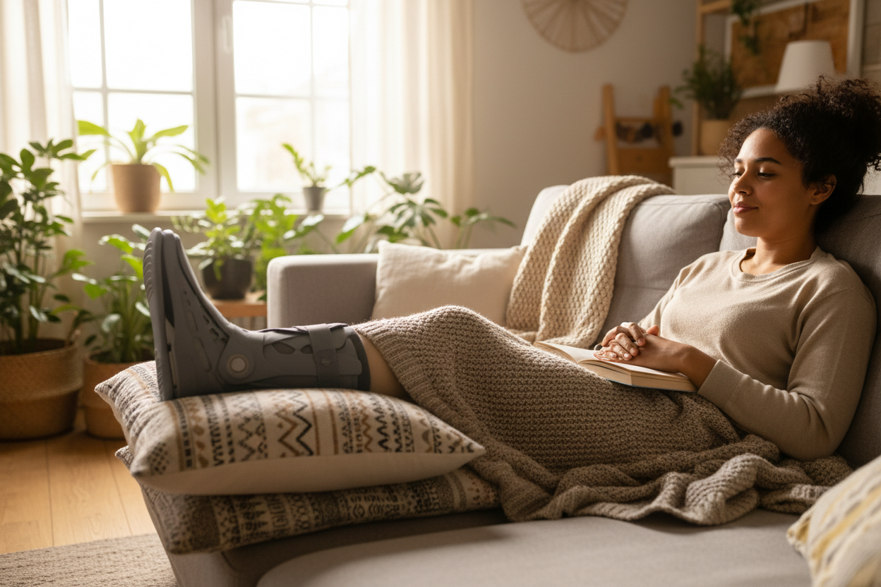 Person recovering at home with orthopedic walking boot, foot elevated on sofa