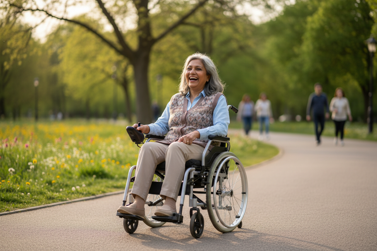Senior using foldable electric power wheelchair outdoors in a park