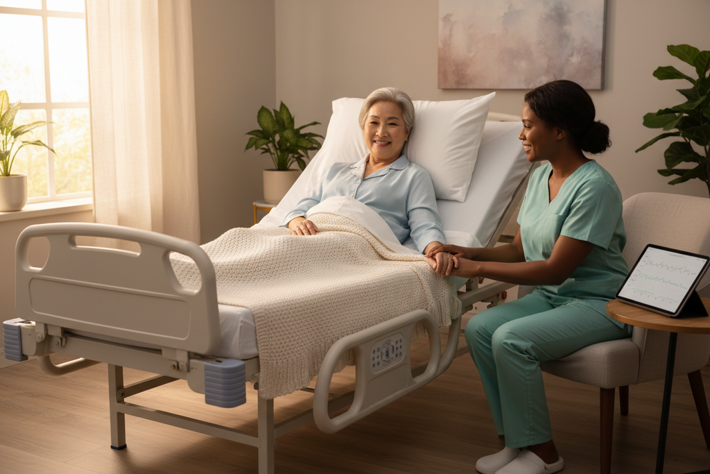 Senior resting comfortably in semi-electric home hospital bed with caregiver nearby