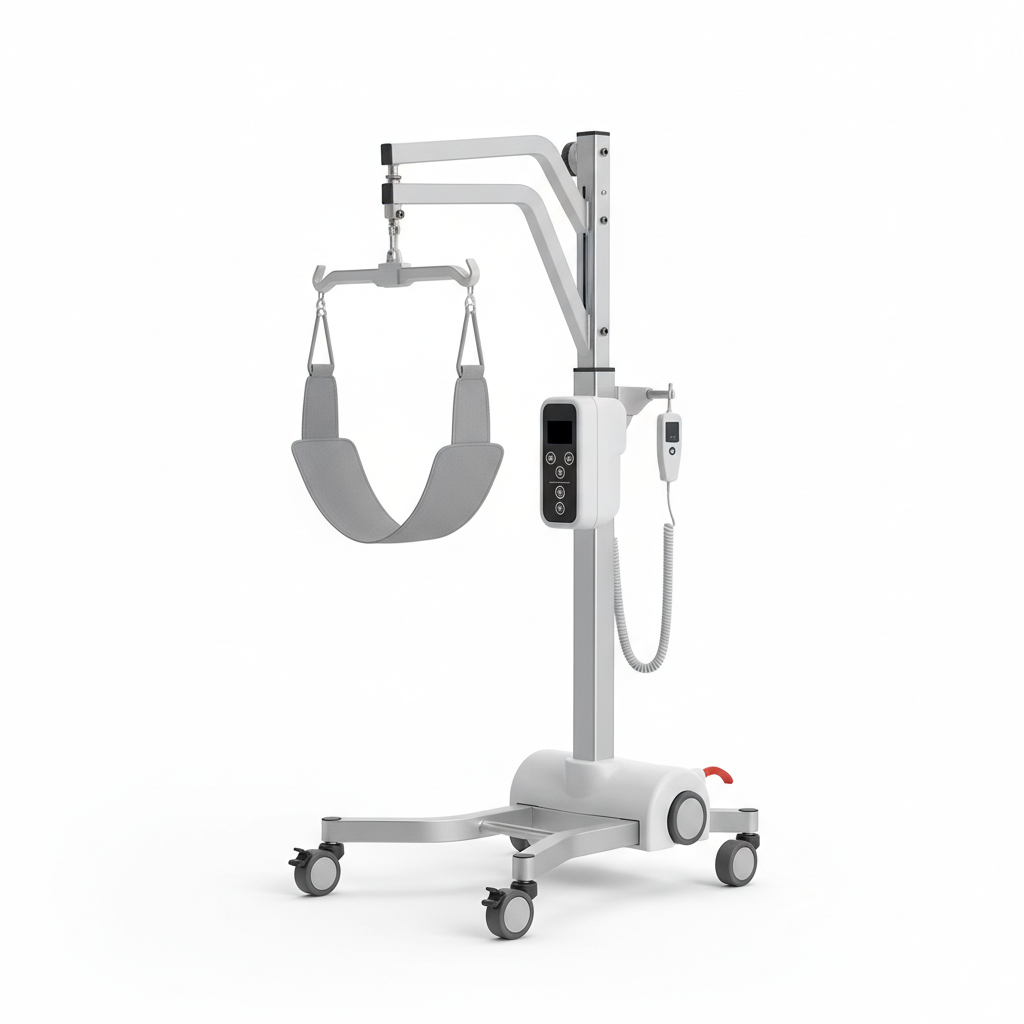 Electric patient lift with sling on white background