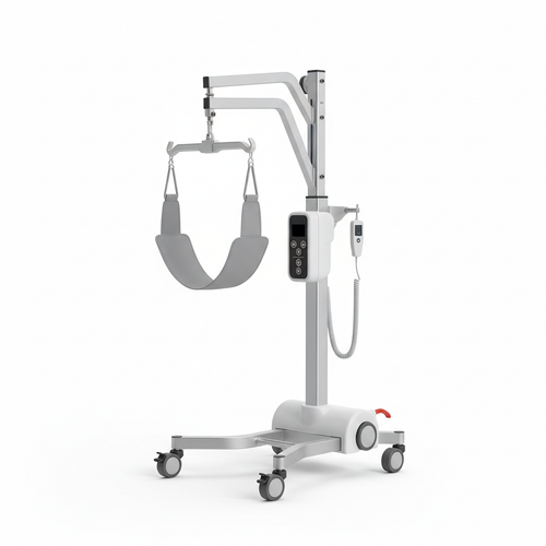Electric patient lift with sling on white background
