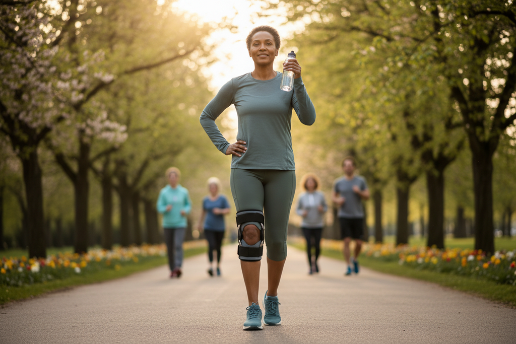 Active adult wearing hinged knee brace while exercising outdoors