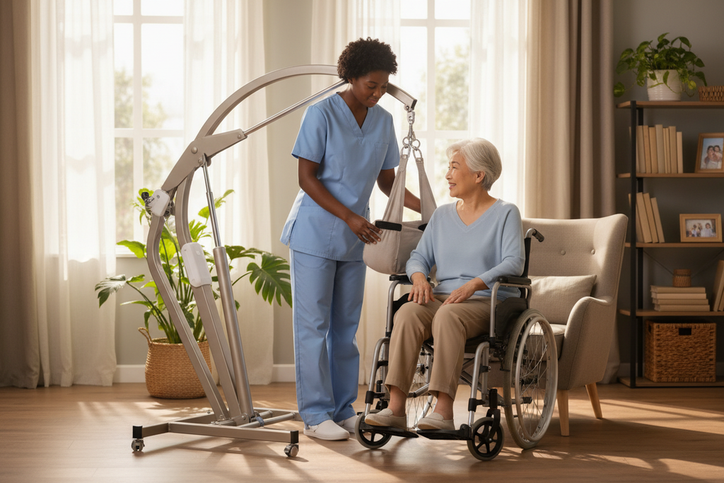 Caregiver using electric patient lift to transfer senior at home