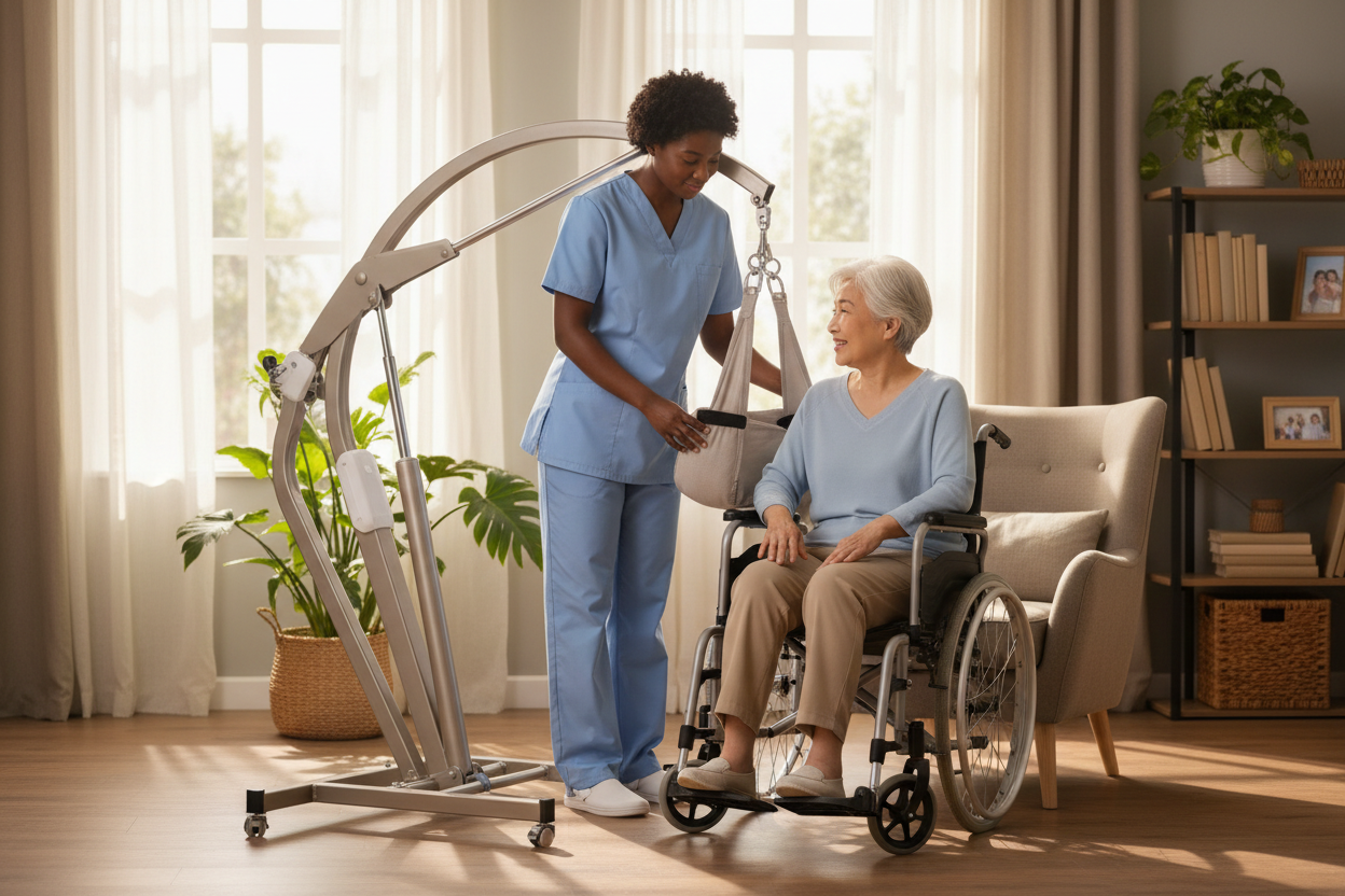 Caregiver using electric patient lift to transfer senior at home