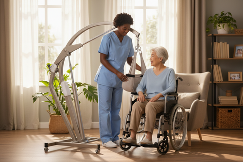 Caregiver using electric patient lift to transfer senior at home