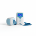 Cold compression therapy system unit with wrap and tubing on white background