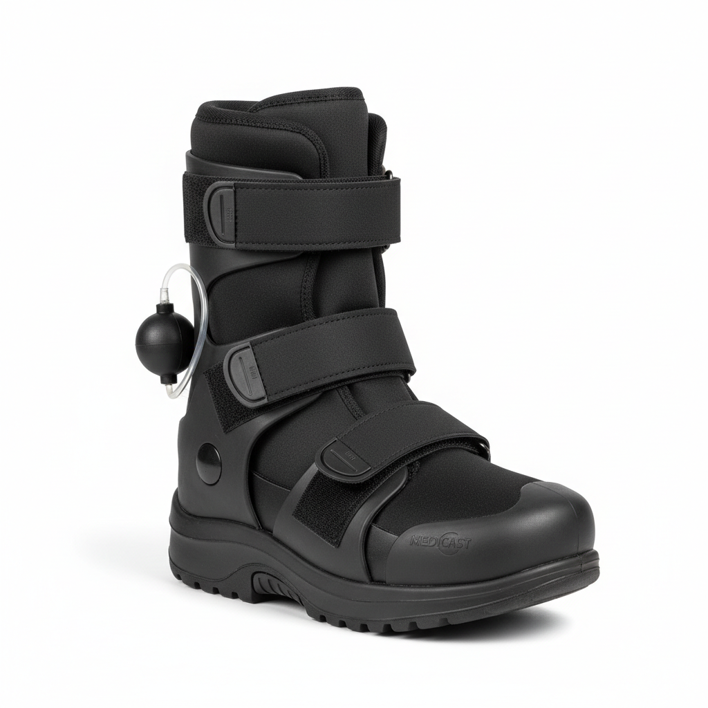 Orthopedic walking boot post-fracture cast on white background