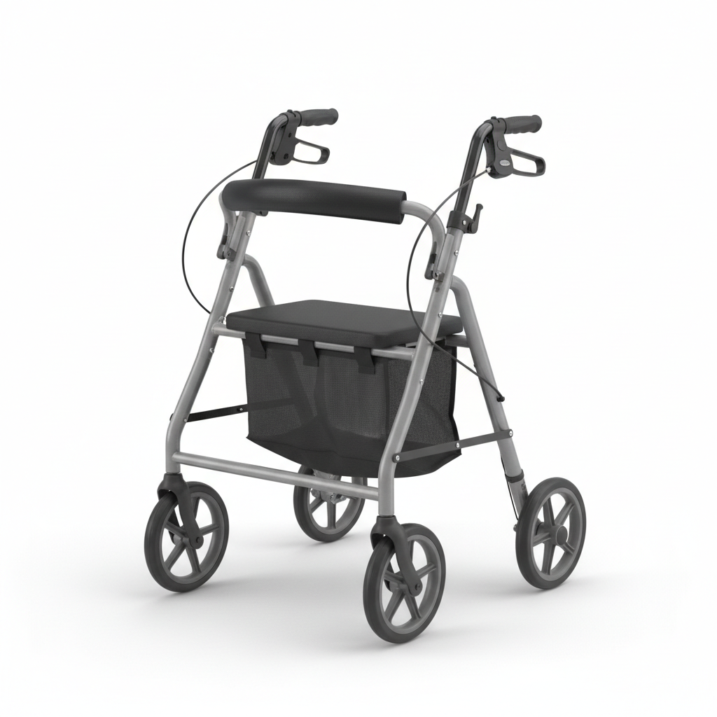Lightweight aluminum folding rollator walker with padded seat on white background