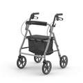 Lightweight aluminum folding rollator walker with padded seat on white background