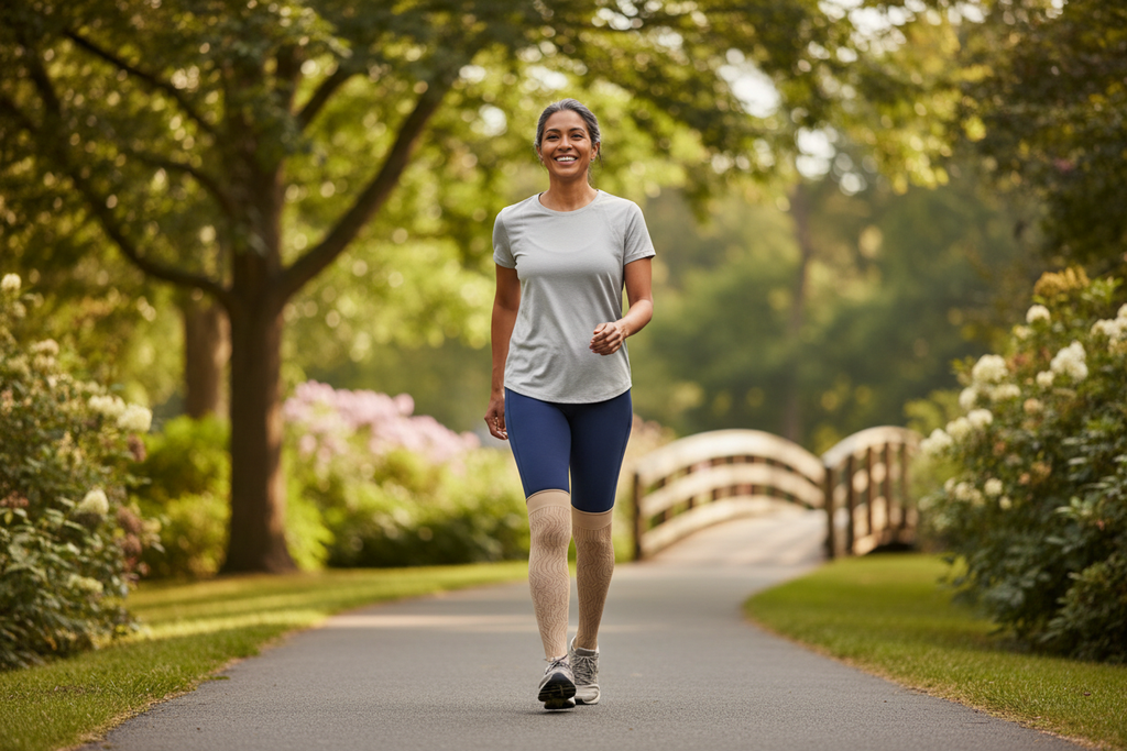 Active adult wearing compression socks while walking