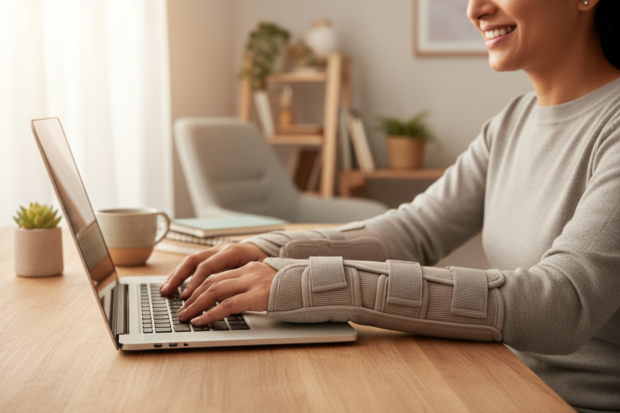 Adult wearing wrist brace while working at a desk