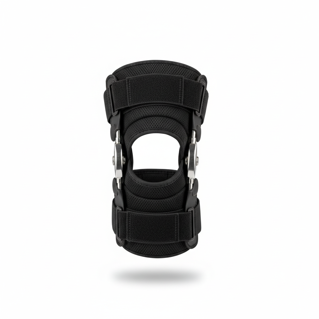 Hinged knee brace with lateral support on white background