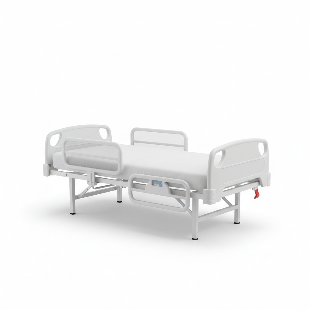 Semi-electric home hospital bed with adjustable sections and side rails on white background